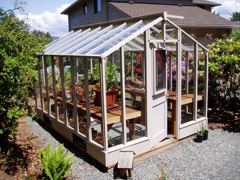 Glass to ground redwood greenhouse stained gray