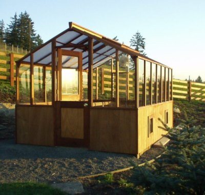 Redwood greenhouse with dutch door