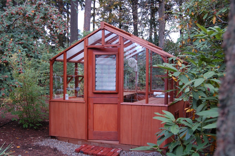 Redwood greenhouse with twin wall roof