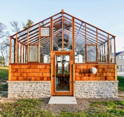 Sturdi-Built Greenhouse 16x37 Deluxe Regular with brick and cedar shingle base wall