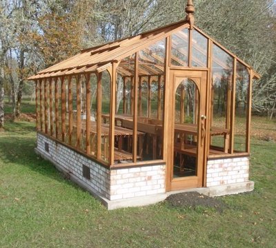 Redwood and glass greenhouse