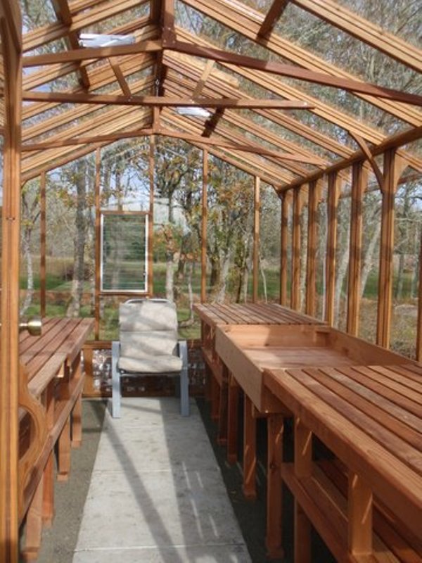 Interior of a 9ft wide redwood and glass greenhouse