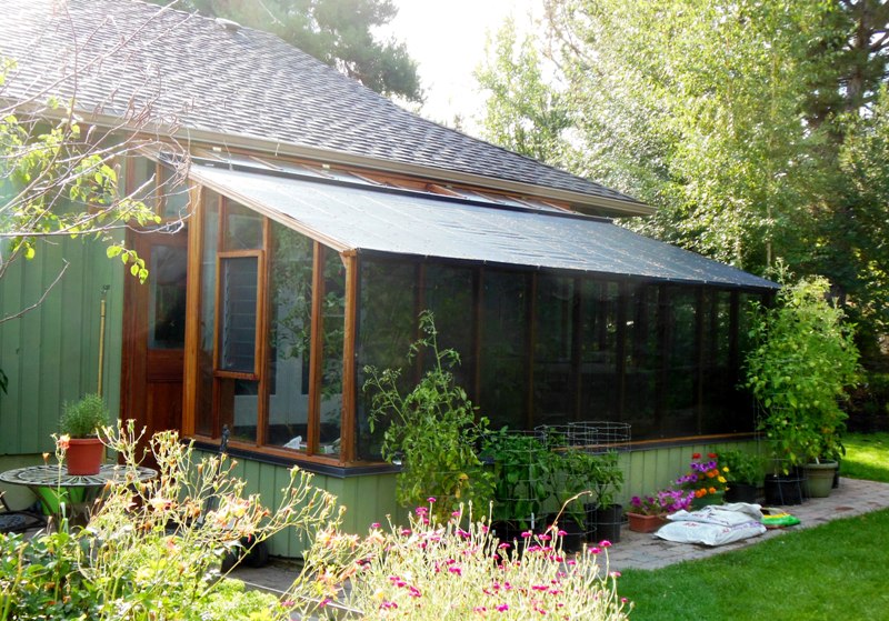 9x18 Garden Sunroom greenhouse in Bend Oregon. with shade cloth on roof and side wall