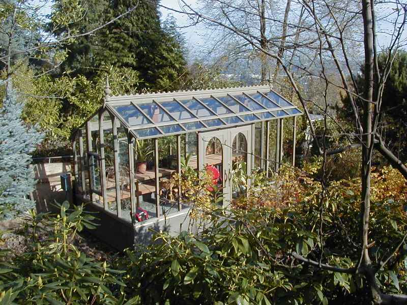 tall glass greenhouse stained gray