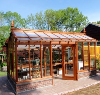Redwood greenhouse with brick base in New Jersey