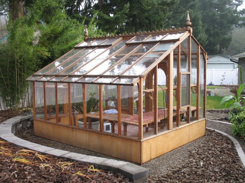 Redwood and glass greenhouse - rear view