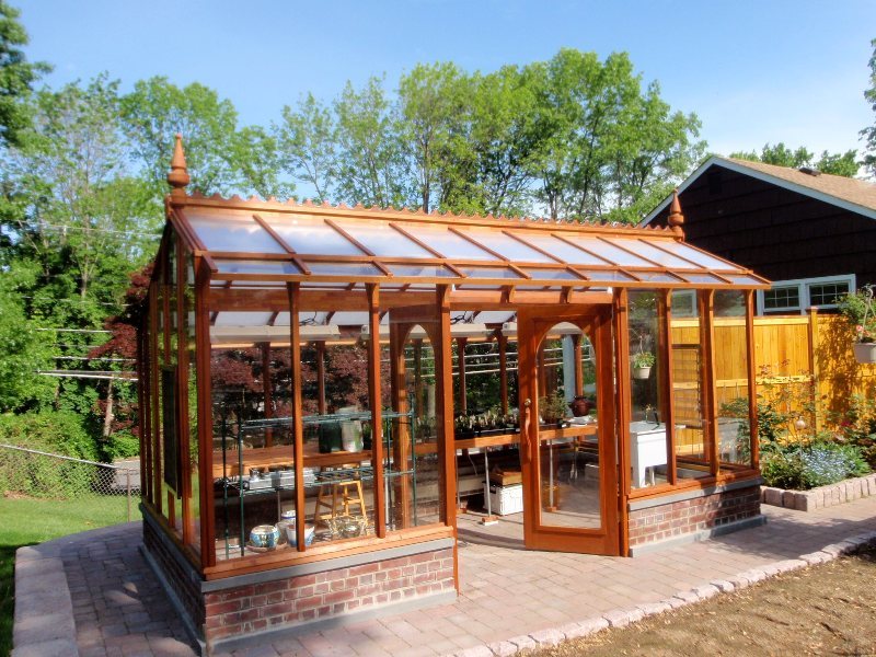 Redwood greenhouse with brick base in New Jersey