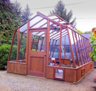 Redwood greenhouse with 18" high base wall