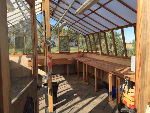 Interior of large home redwood greenhouse