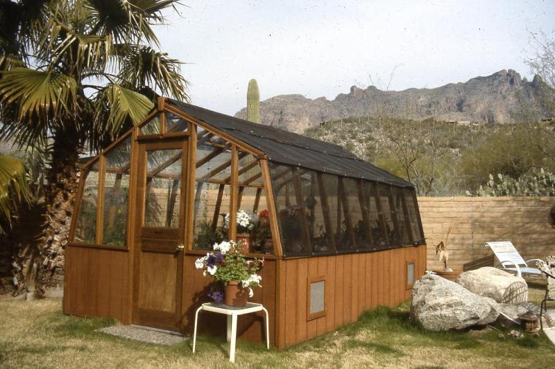 Redwood greenhouse with shade cloth