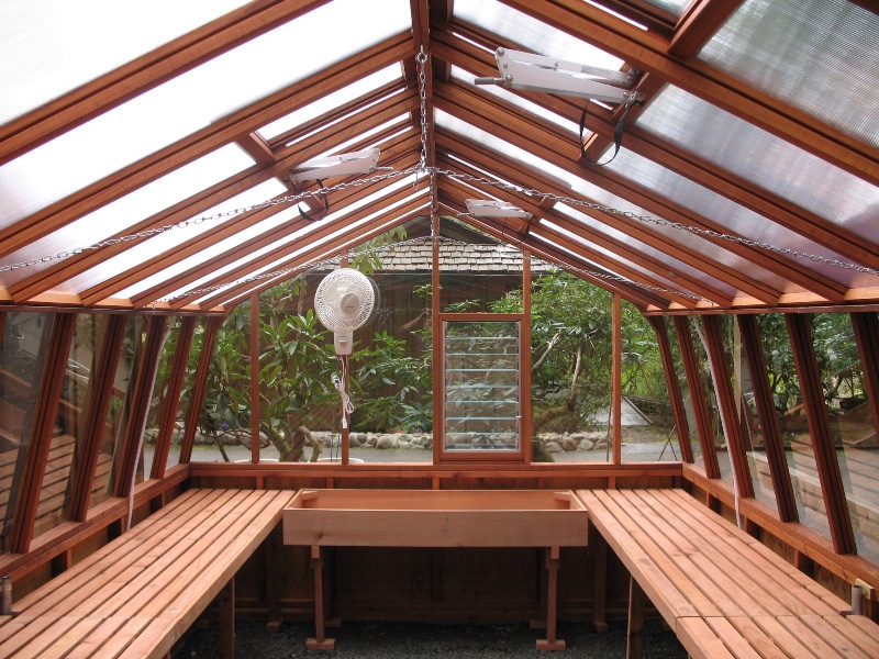 Classic redwood greenhouse interior
