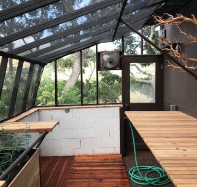 Interior of 9x16 Tropic Lean-to on customer-provided 32"H base wall in Monterey, CA