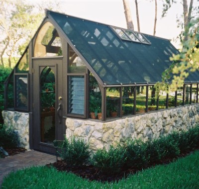 Home greenhouse with stone base