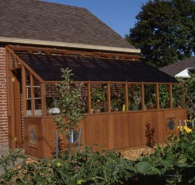 Lean-to greenhouse attached to a garage