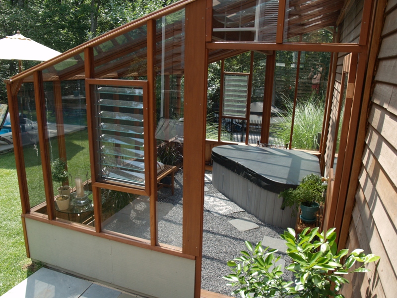 Greenhouse with hot tub